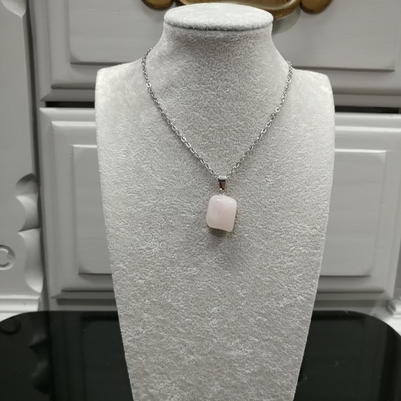 Rose Quartz Necklace Natural Gemstone Crystal Pendant Stainless-Steel Chain Pink - Picture 14 of 16